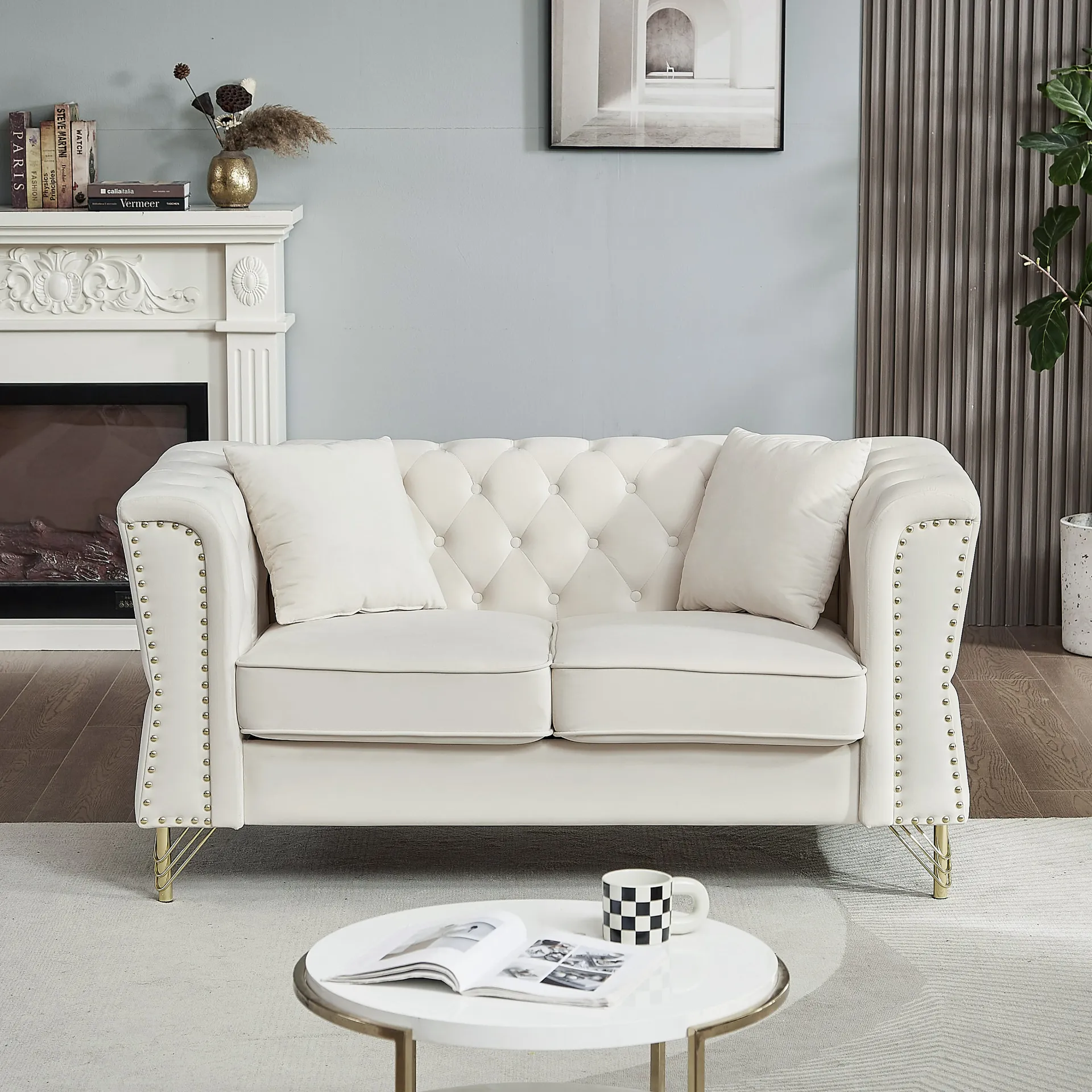 3-seater   3-seater Combination Sofa Tufted Couch with Rolled Arms and Nailhead for Living Room