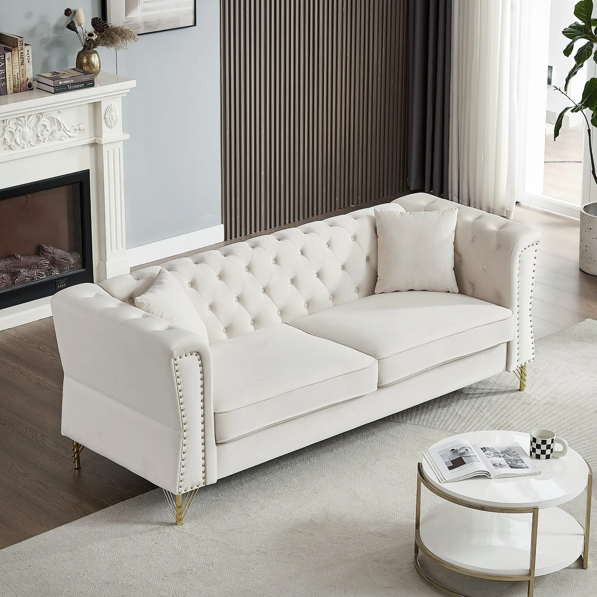 3-seater   3-seater Combination Sofa Tufted Couch with Rolled Arms and Nailhead for Living Room