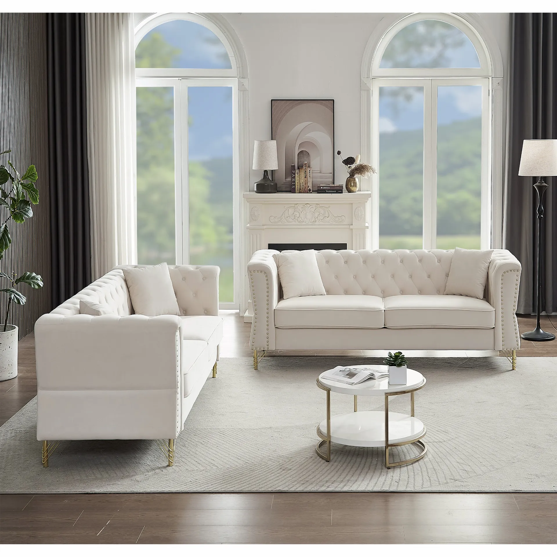 3-seater   3-seater Combination Sofa Tufted Couch with Rolled Arms and Nailhead for Living Room