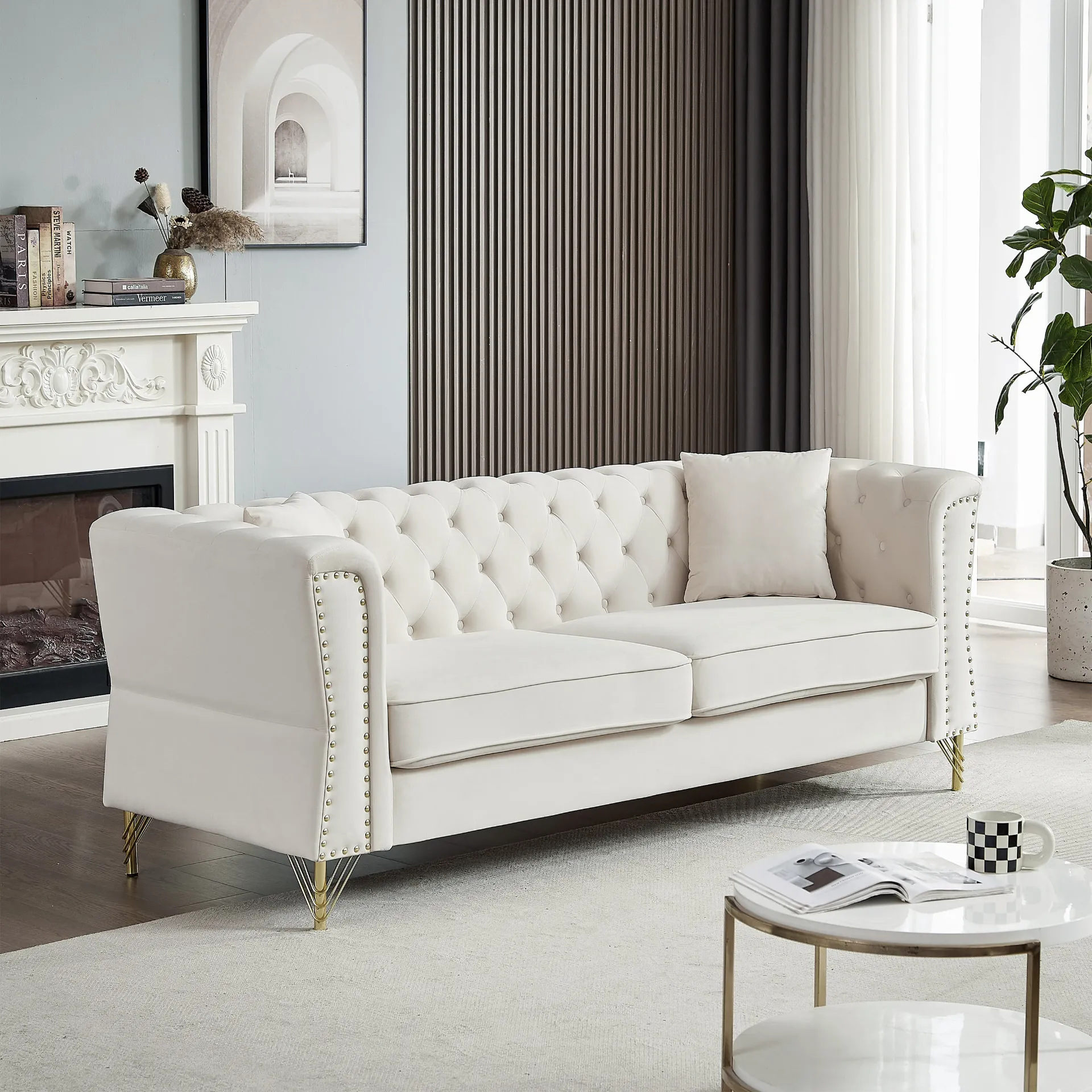 3-seater   3-seater Combination Sofa Tufted Couch with Rolled Arms and Nailhead for Living Room