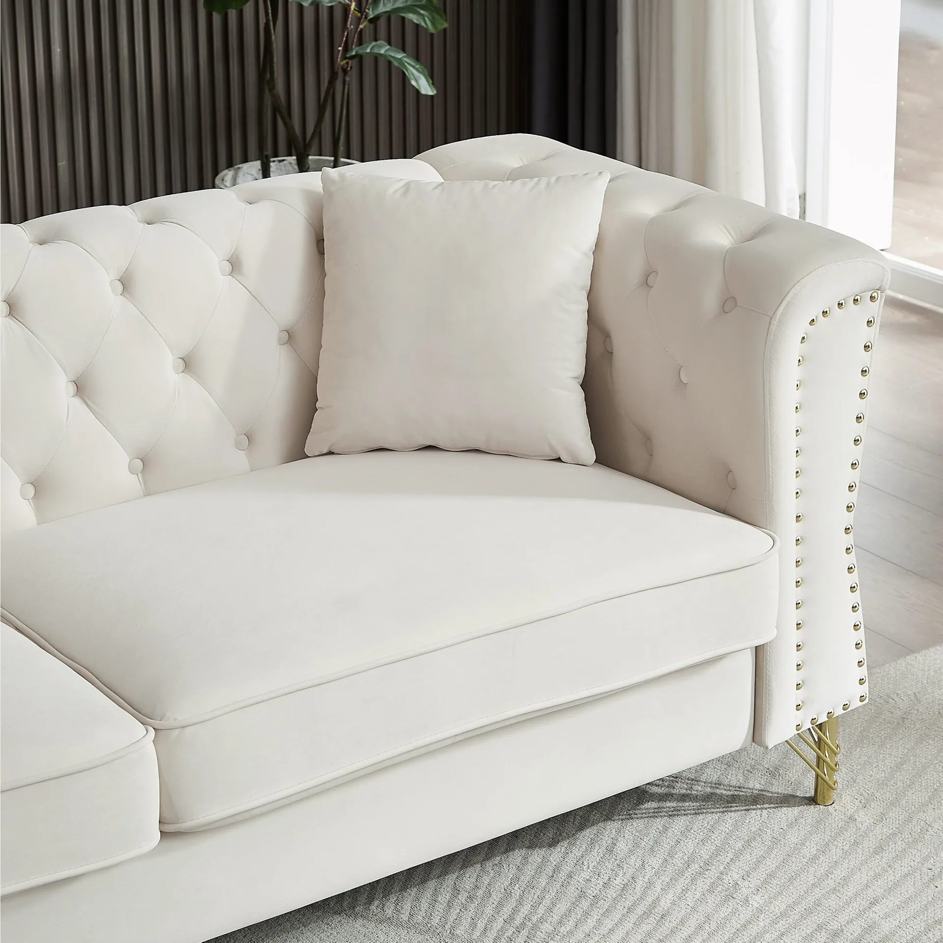 3-seater   3-seater Combination Sofa Tufted Couch with Rolled Arms and Nailhead for Living Room