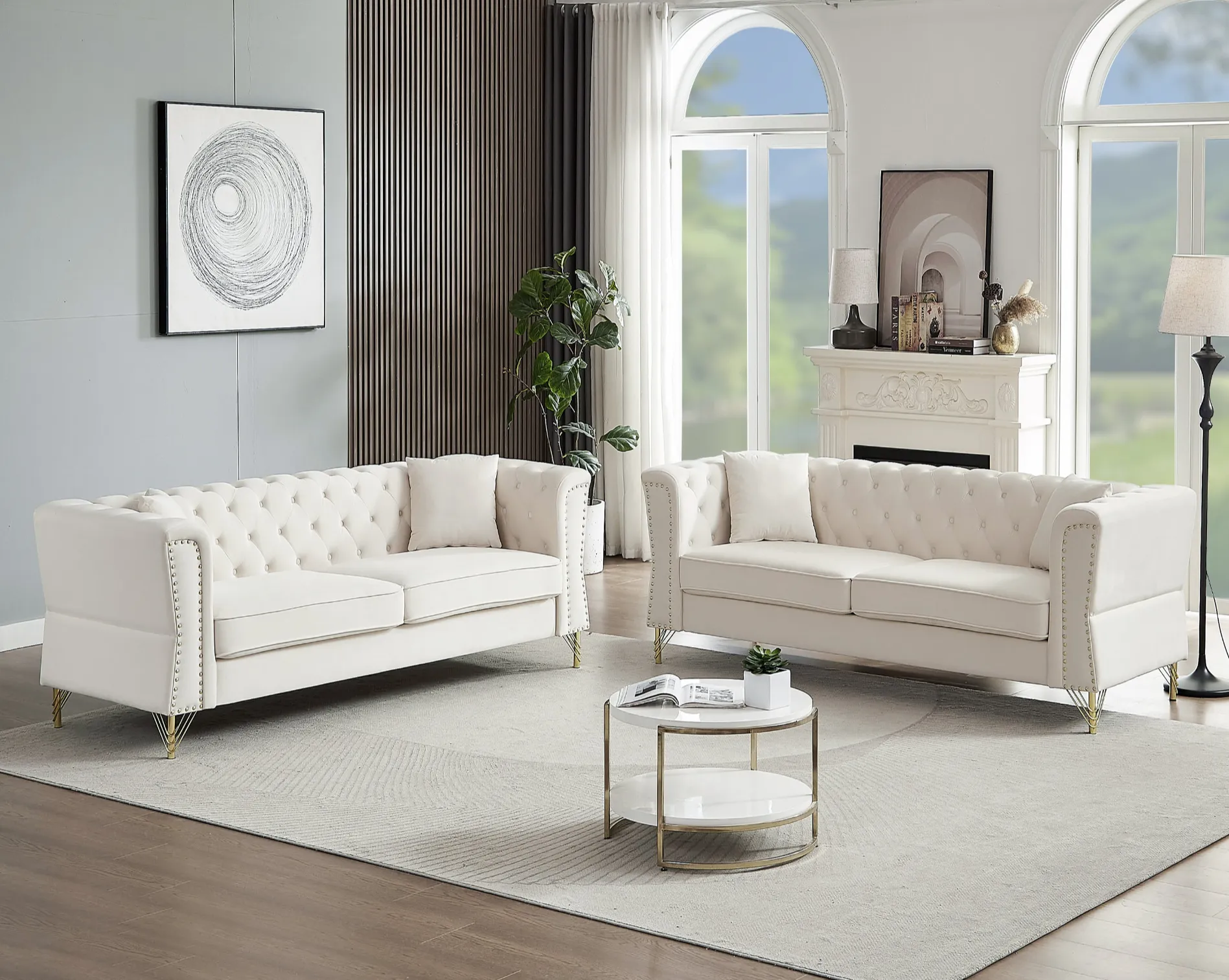 3-seater   3-seater Combination Sofa Tufted Couch with Rolled Arms and Nailhead for Living Room