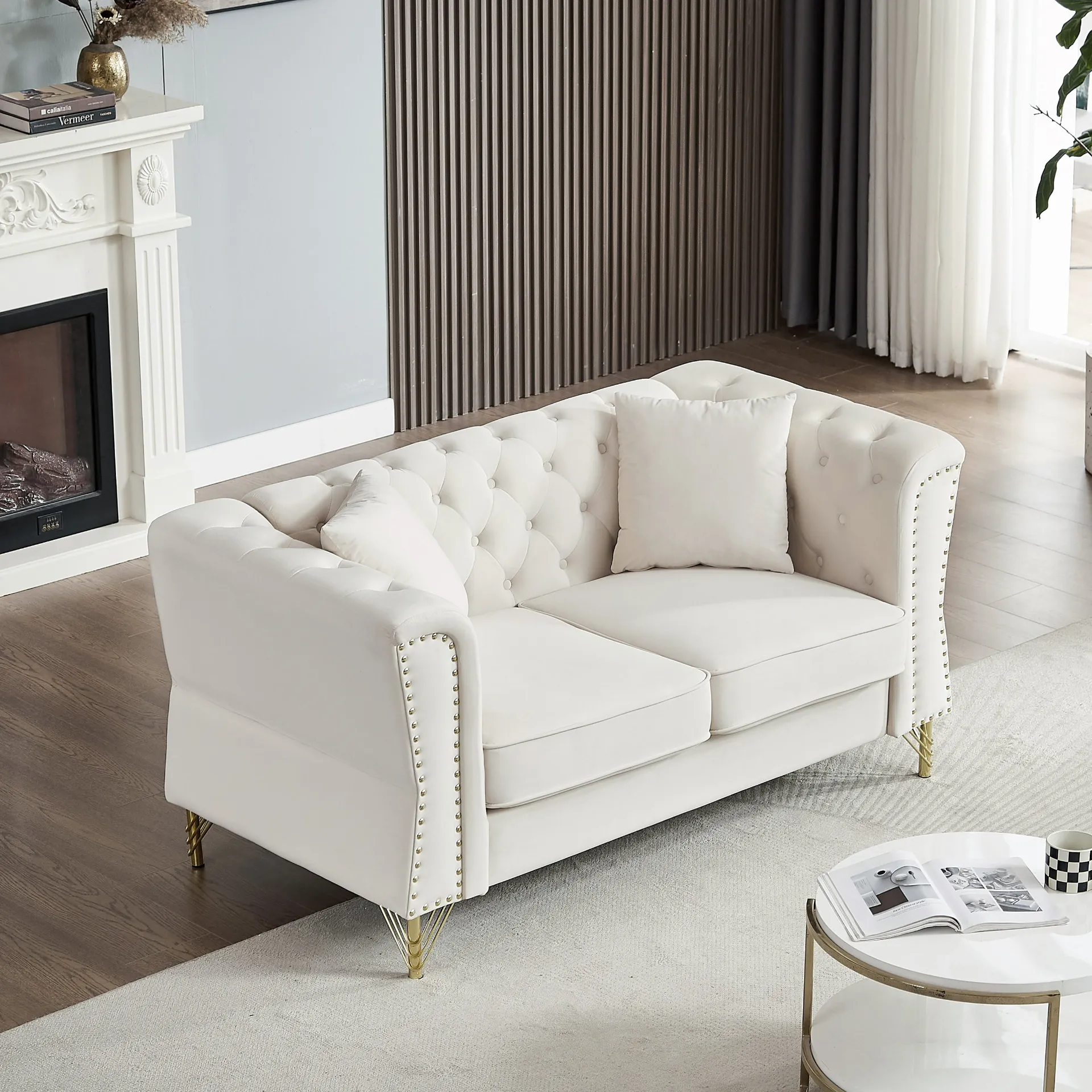 3-seater   3-seater Combination Sofa Tufted Couch with Rolled Arms and Nailhead for Living Room