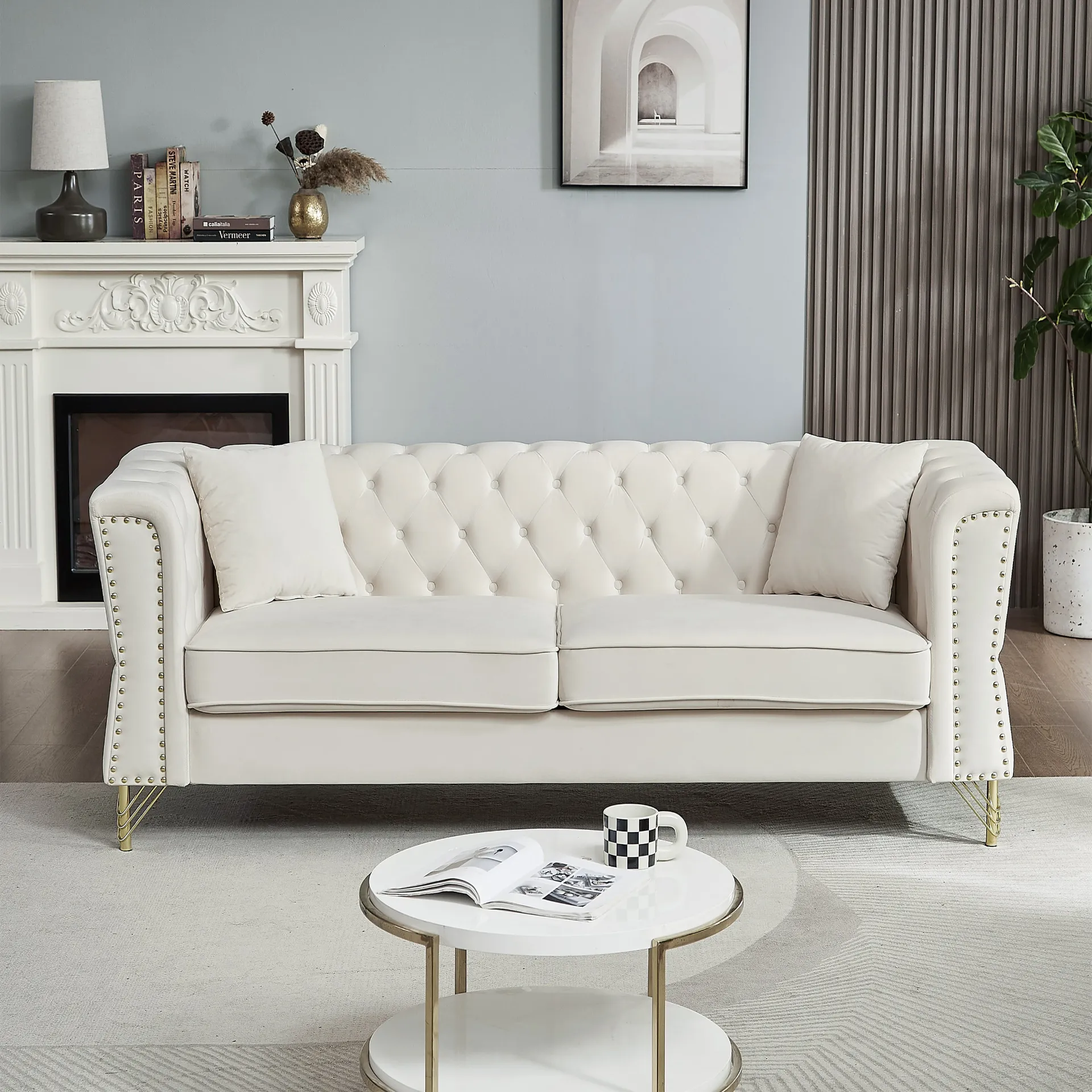 3-seater   3-seater Combination Sofa Tufted Couch with Rolled Arms and Nailhead for Living Room