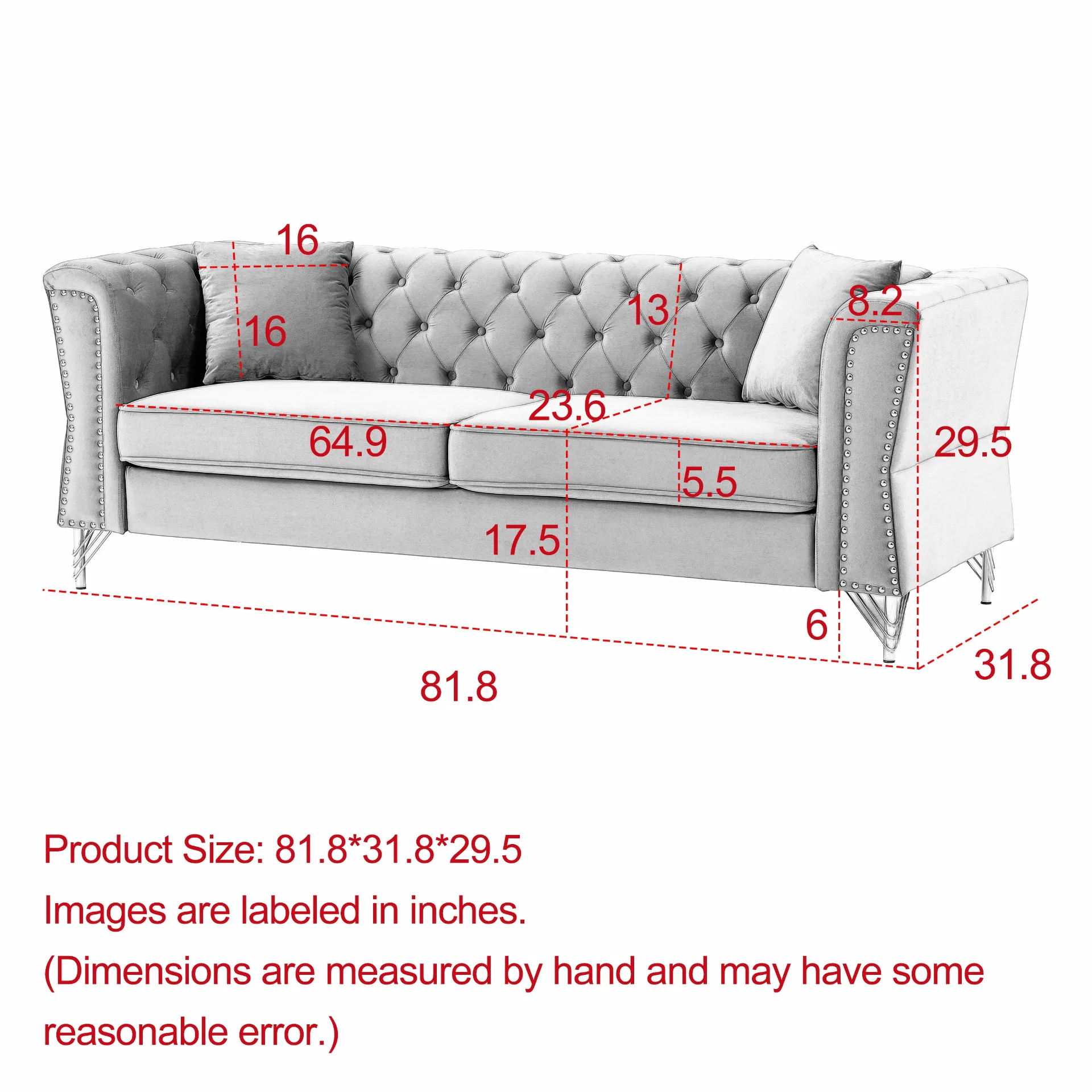 3-seater   3-seater Combination Sofa Tufted Couch with Rolled Arms and Nailhead for Living Room