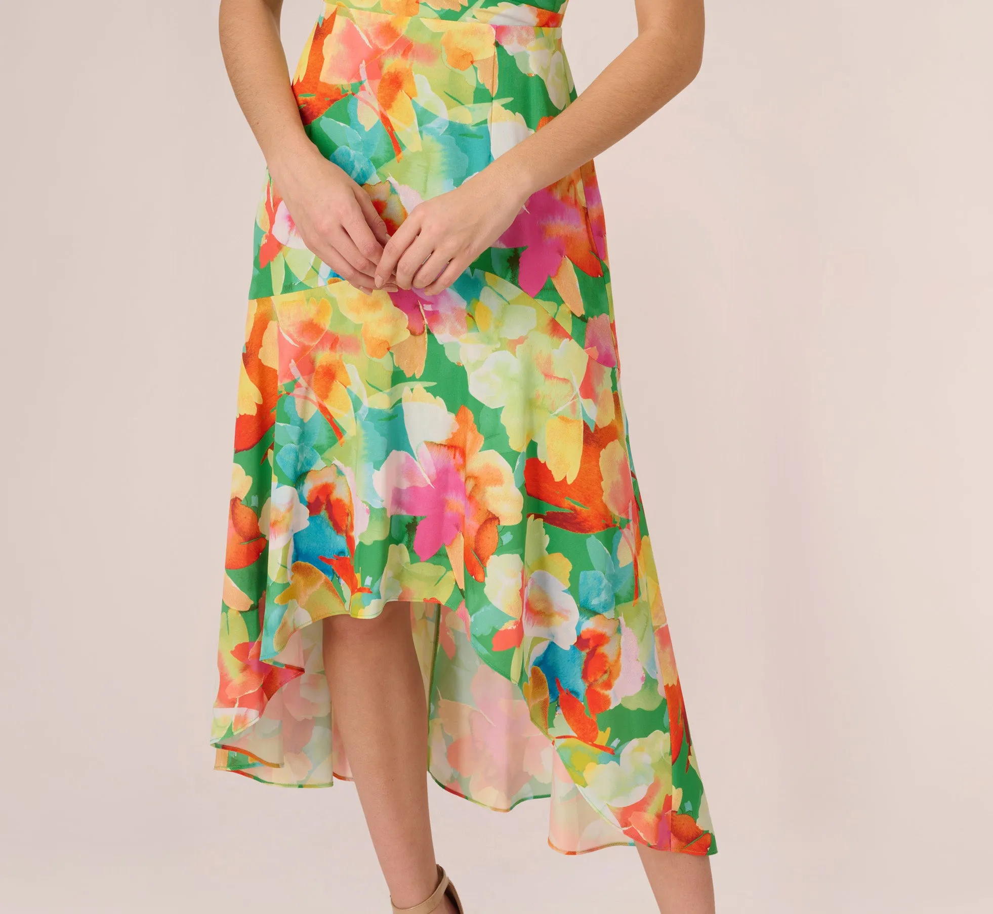 Abstract Floral Print High Low Dress With Flounce Skirt In Green Multi