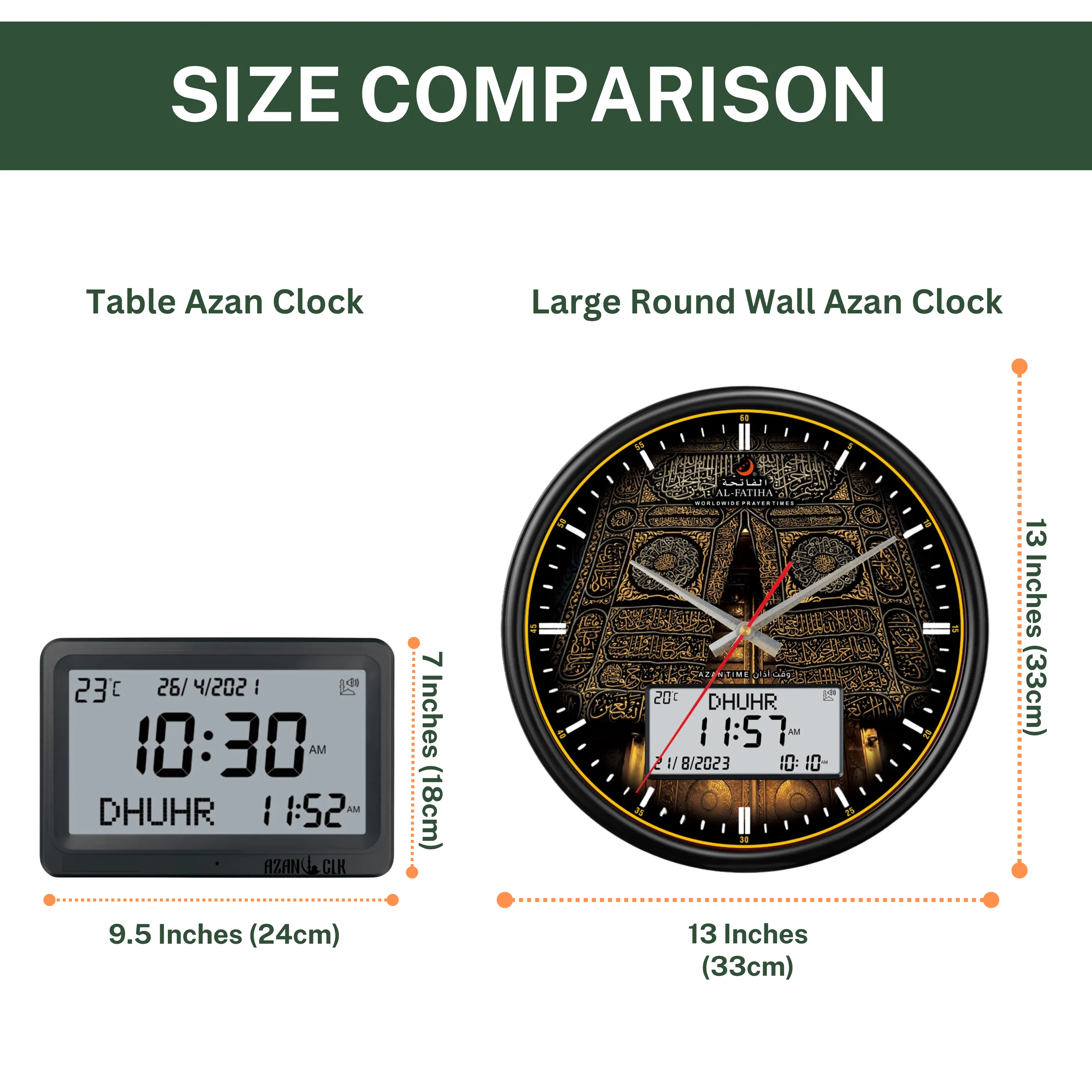 AzanClk Large Round Wall Automatic Athan Kaaba Muslim Prayer Clock for USA and Canada (Jet Black)