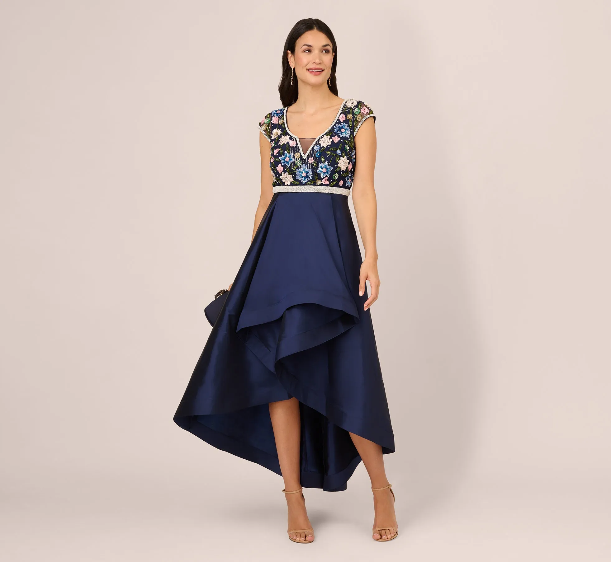 Cap Sleeve Beaded Gown With Taffeta High Low Skirt In Light Navy