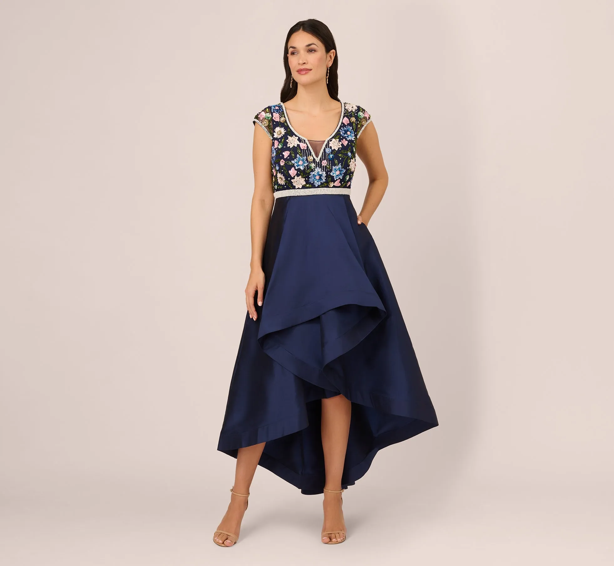 Cap Sleeve Beaded Gown With Taffeta High Low Skirt In Light Navy