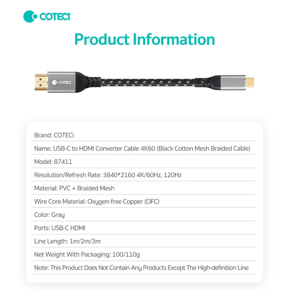 COTECi USB-C to HDMI Converter Cable 4K 60Hz 3M - 87411