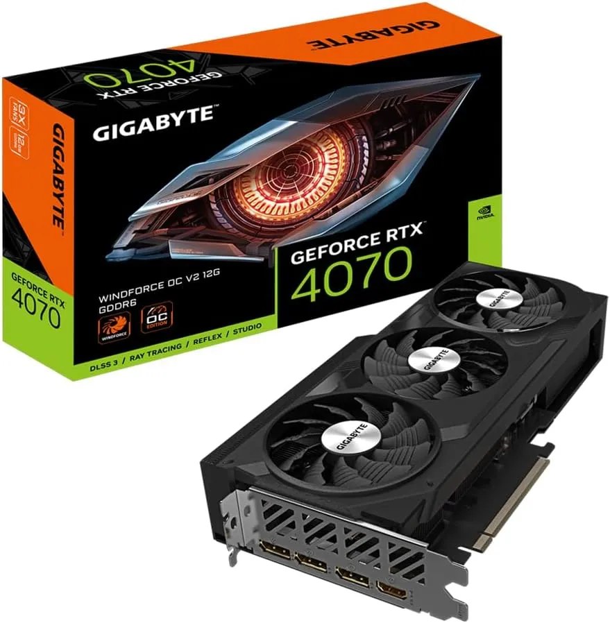 Gigabyte GeForce RTX 4070 WINDFORCE OC V2 12G Graphics Card – 12GB GDDR6, 192-bit, PCI-E 4.0, 2490MHz Core Clock, 3 x DisplayPort 1.4a, 1 x HDMI 2.1a, NVIDIA DLSS 3, GV-N4070WF3OCV2-12GD