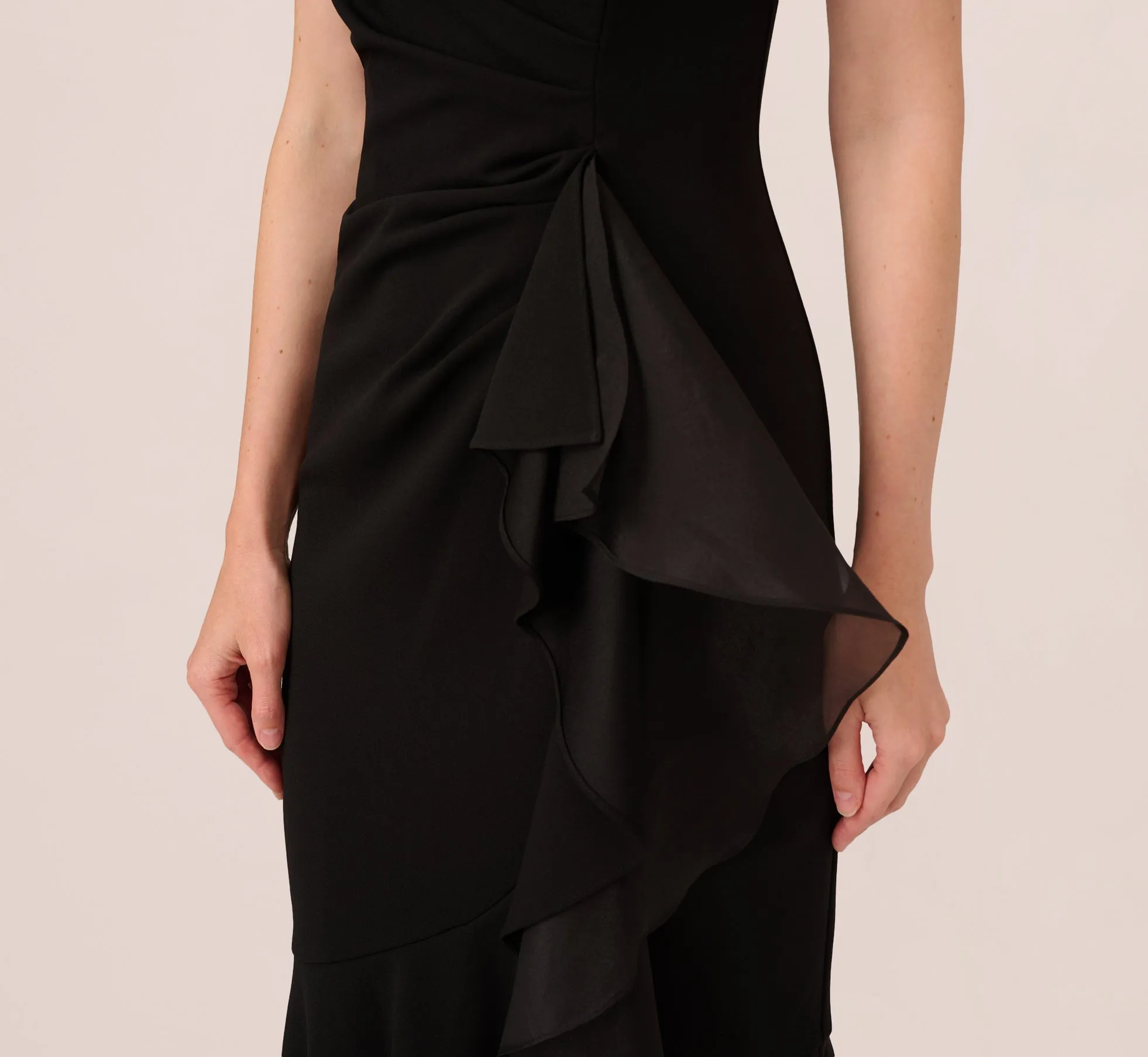 High Low Crepe Halter Gown With Organza Draping In Black