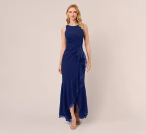 High Low Crepe Halter Gown With Organza Draping In Navy Sateen