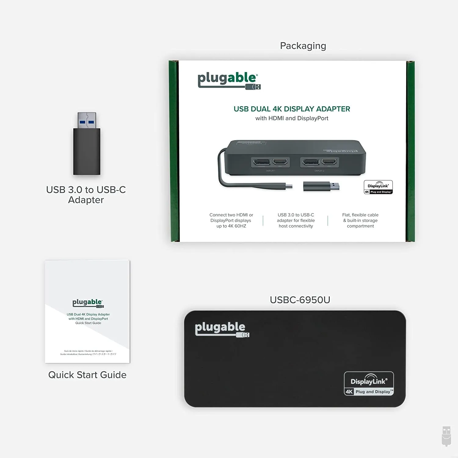 Plugable 4K Displayport and HDMI Dual Monitor Adapter for USB 3.0 and USB-C, Compatible with Windows and Mac