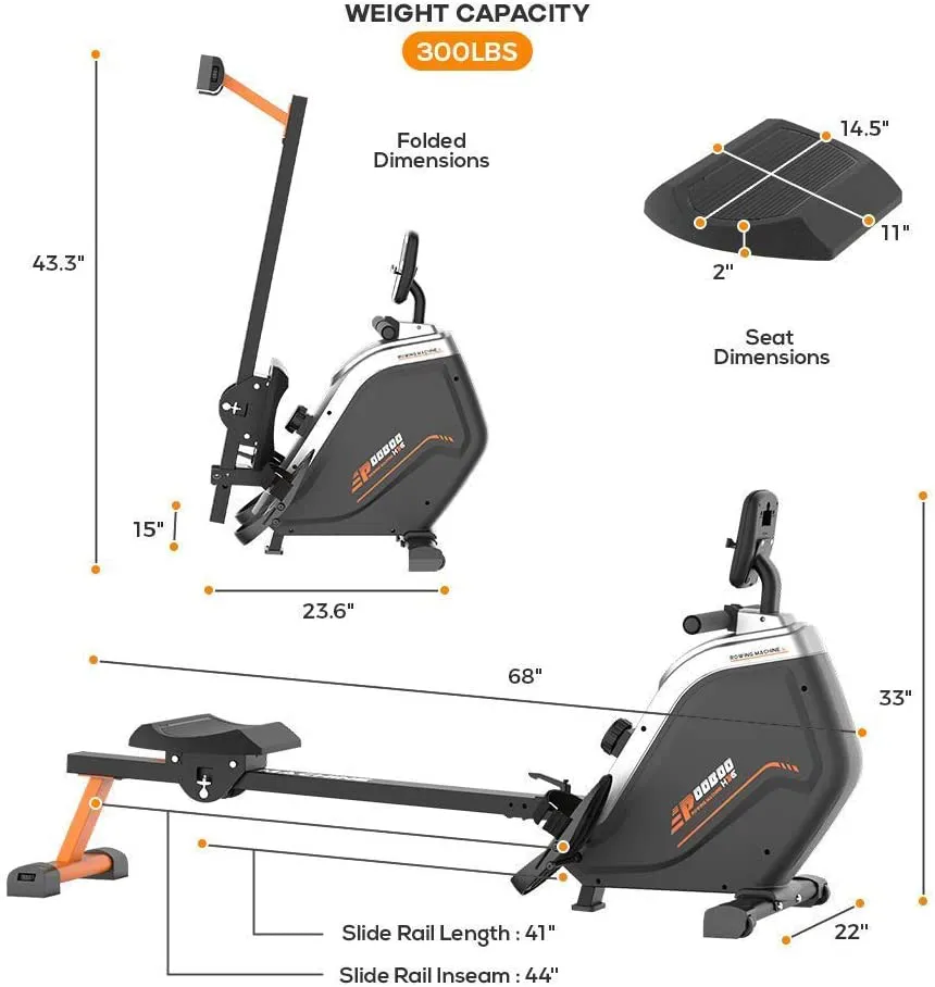 pooboo Magnetic Rowing Machine for Home Use Foldable Exercise Rower Machine with 16 Level Resistance,LCD Monitor & Transport Wheels 300 lbs Weight Capacity