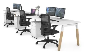 Quadro A Legs 3 Person Run Office Workstation - Wood Legs Cross Beam [1200L x 800W with Cable Scallop]