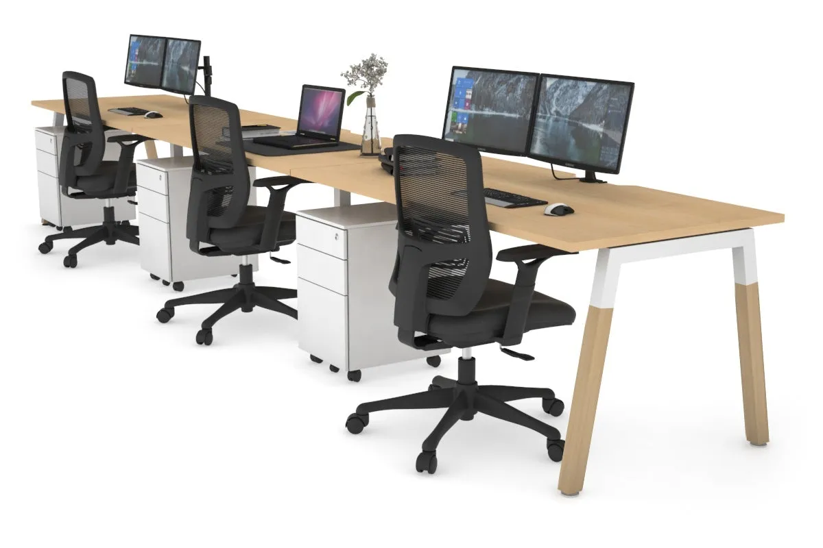 Quadro A Legs 3 Person Run Office Workstation - Wood Legs Cross Beam [1200L x 800W with Cable Scallop]