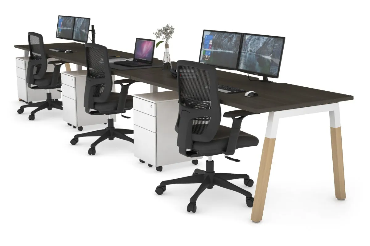 Quadro A Legs 3 Person Run Office Workstation - Wood Legs Cross Beam [1200L x 800W with Cable Scallop]