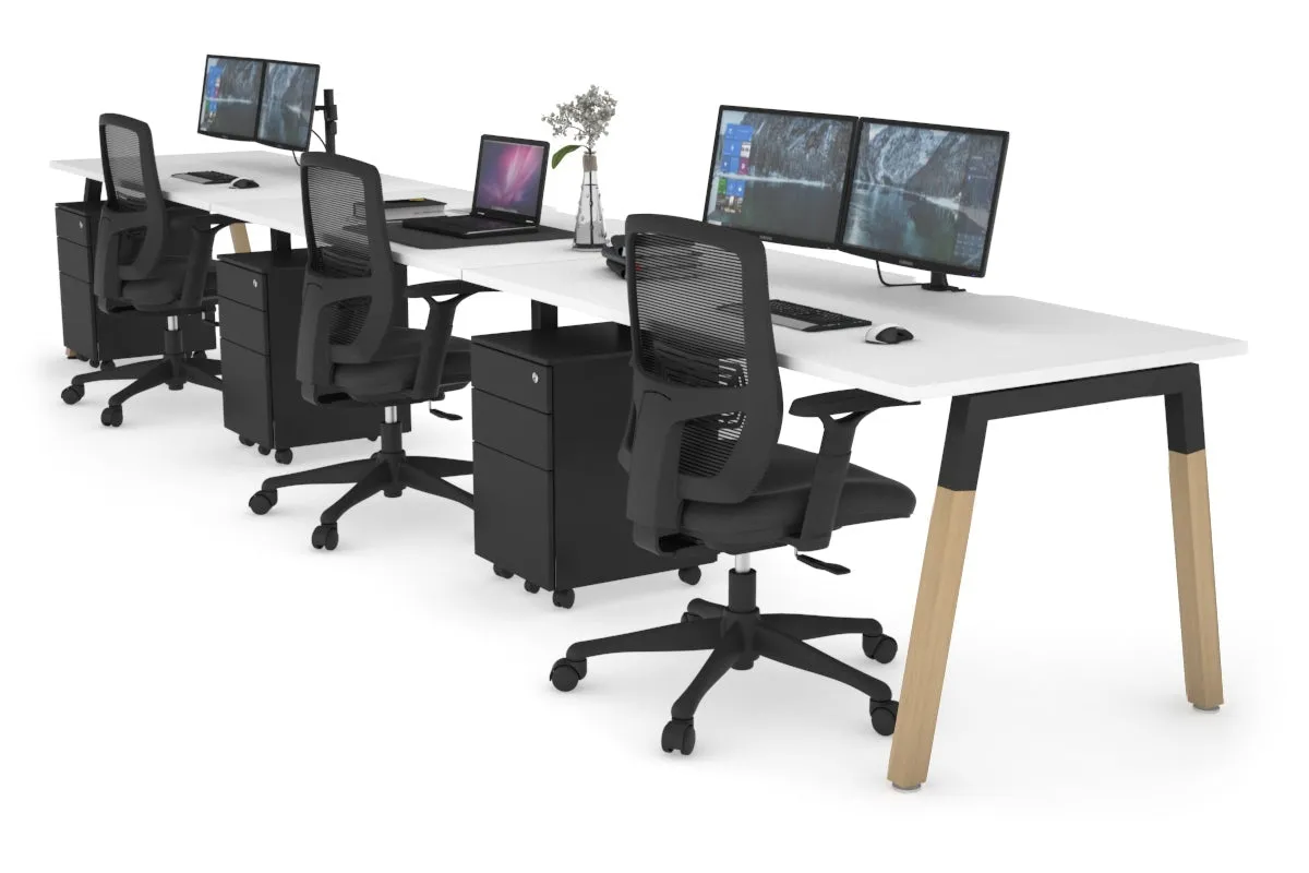 Quadro A Legs 3 Person Run Office Workstation - Wood Legs Cross Beam [1200L x 800W with Cable Scallop]