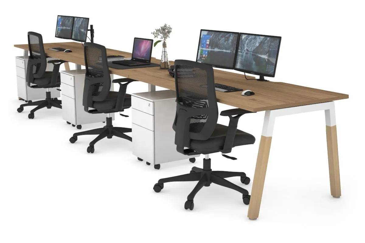 Quadro A Legs 3 Person Run Office Workstation - Wood Legs Cross Beam [1200L x 800W with Cable Scallop]