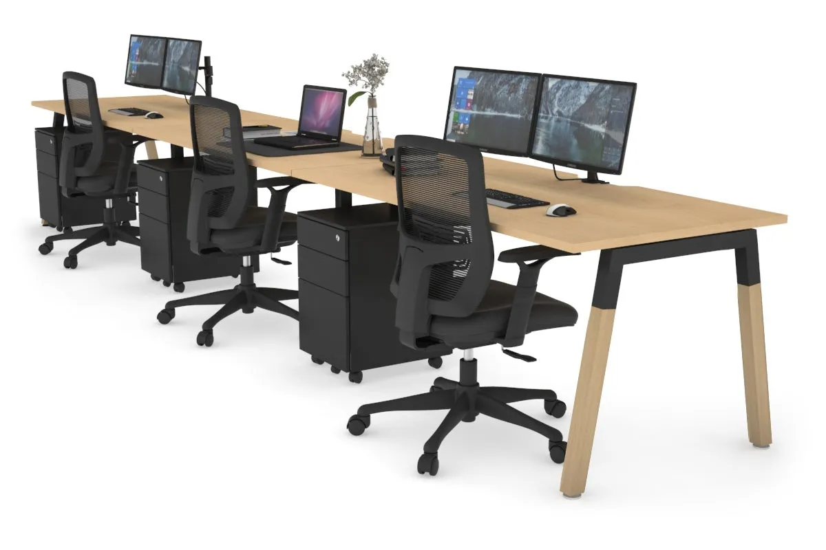 Quadro A Legs 3 Person Run Office Workstation - Wood Legs Cross Beam [1200L x 800W with Cable Scallop]