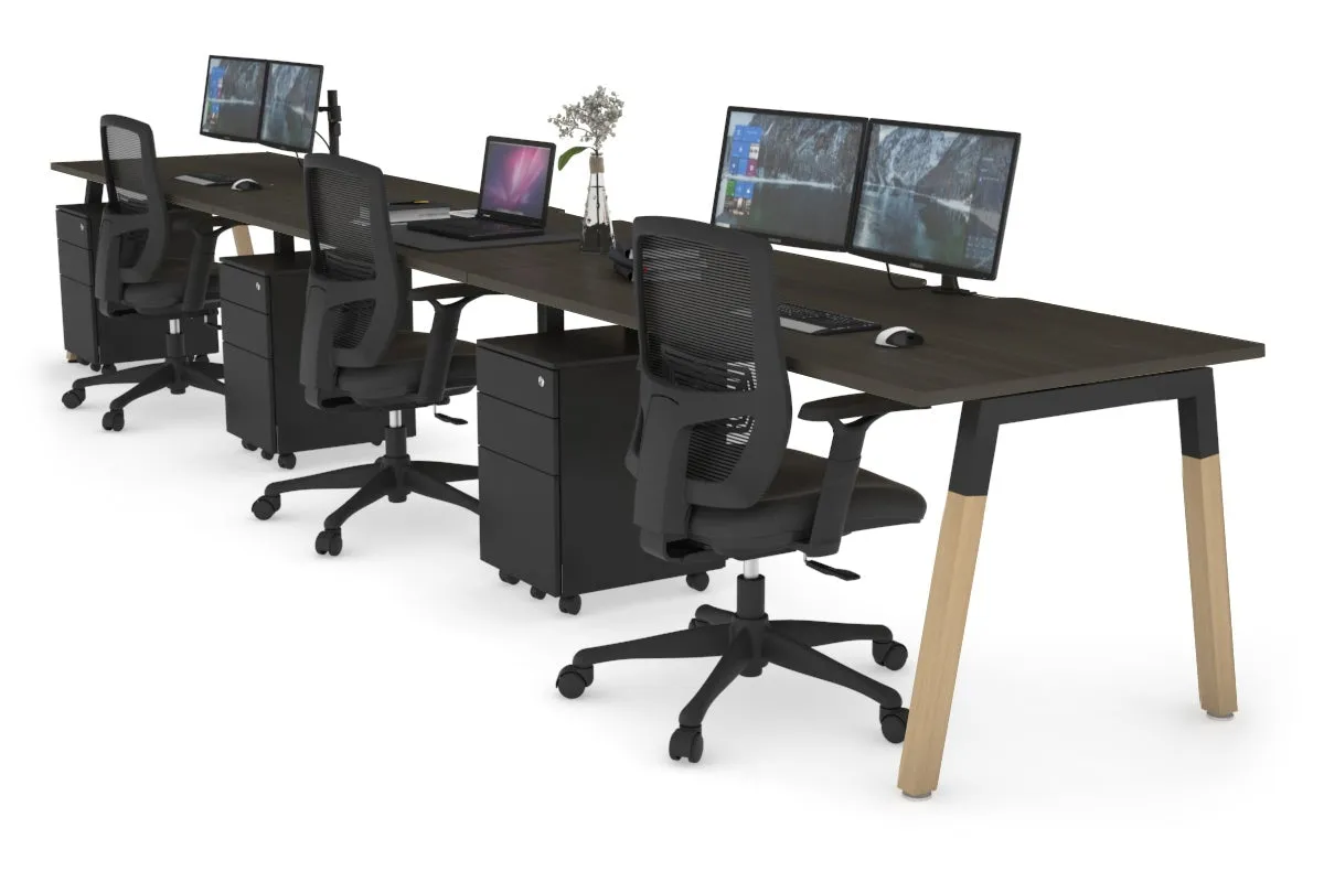 Quadro A Legs 3 Person Run Office Workstation - Wood Legs Cross Beam [1200L x 800W with Cable Scallop]