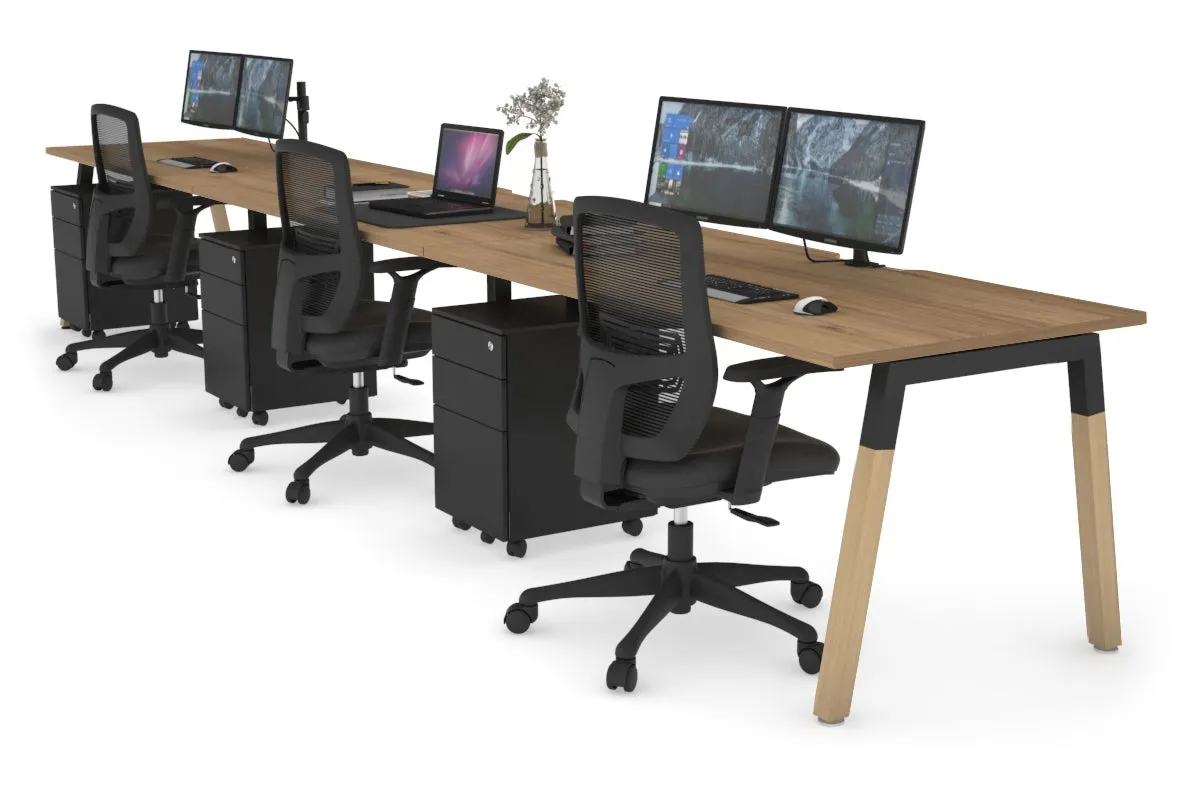 Quadro A Legs 3 Person Run Office Workstation - Wood Legs Cross Beam [1200L x 800W with Cable Scallop]