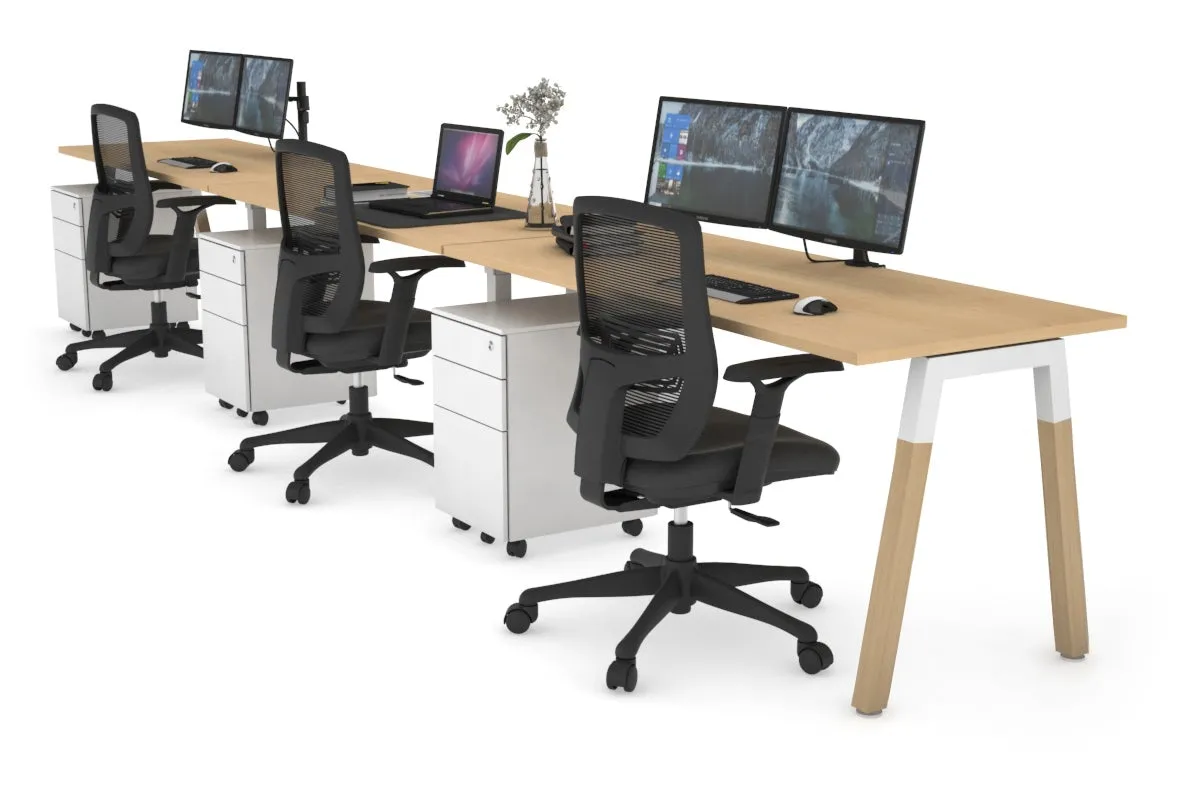 Quadro A Legs 3 Person Run Office Workstation - Wood Legs Cross Beam [1400L x 700W]