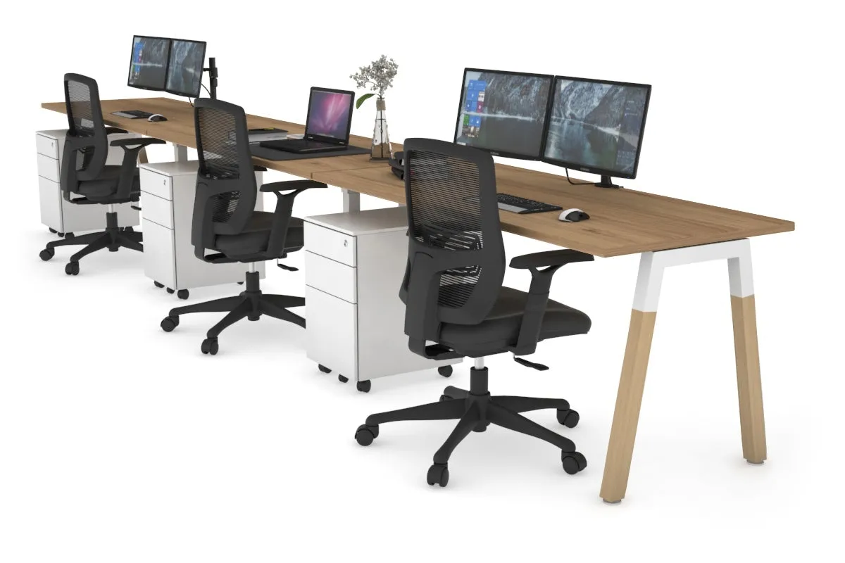 Quadro A Legs 3 Person Run Office Workstation - Wood Legs Cross Beam [1400L x 700W]