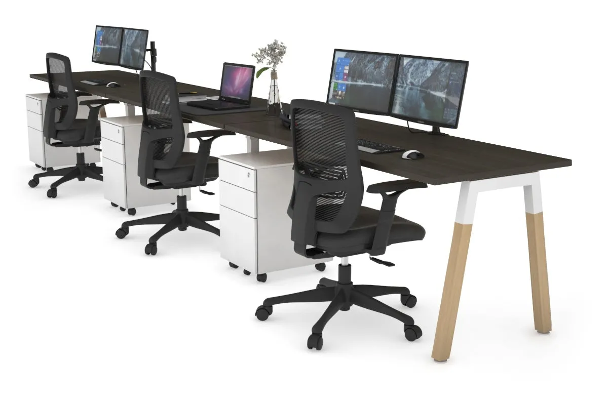 Quadro A Legs 3 Person Run Office Workstation - Wood Legs Cross Beam [1400L x 700W]