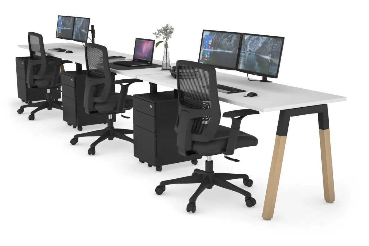 Quadro A Legs 3 Person Run Office Workstation - Wood Legs Cross Beam [1400L x 700W]