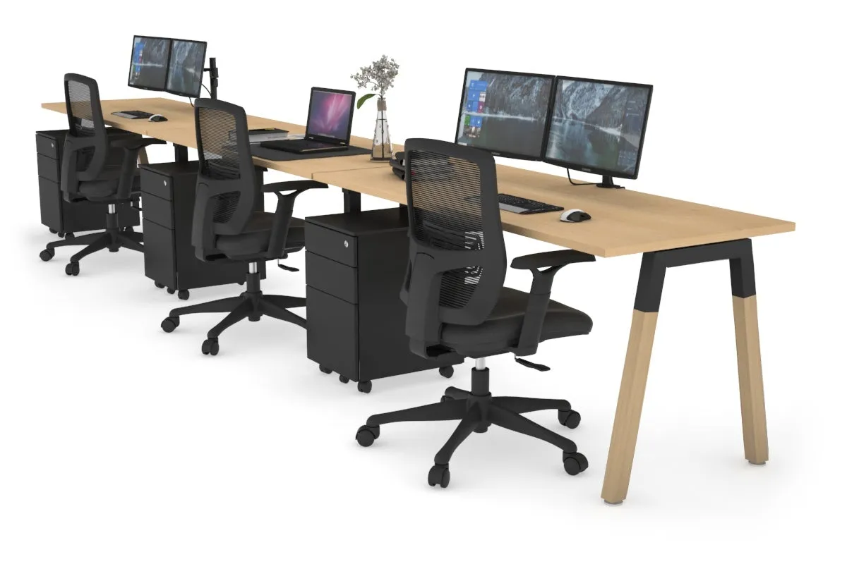 Quadro A Legs 3 Person Run Office Workstation - Wood Legs Cross Beam [1400L x 700W]