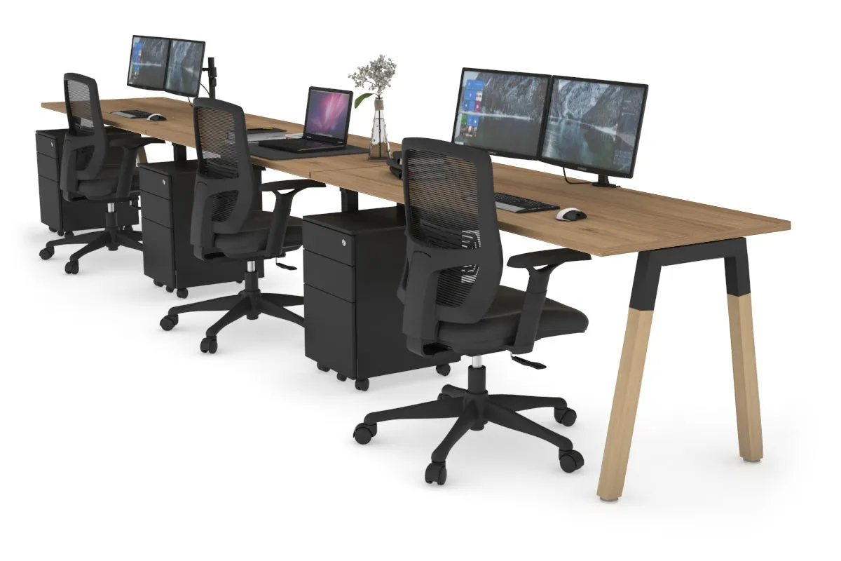 Quadro A Legs 3 Person Run Office Workstation - Wood Legs Cross Beam [1400L x 700W]