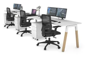 Quadro A Legs 3 Person Run Office Workstation - Wood Legs Cross Beam [1400L x 700W]