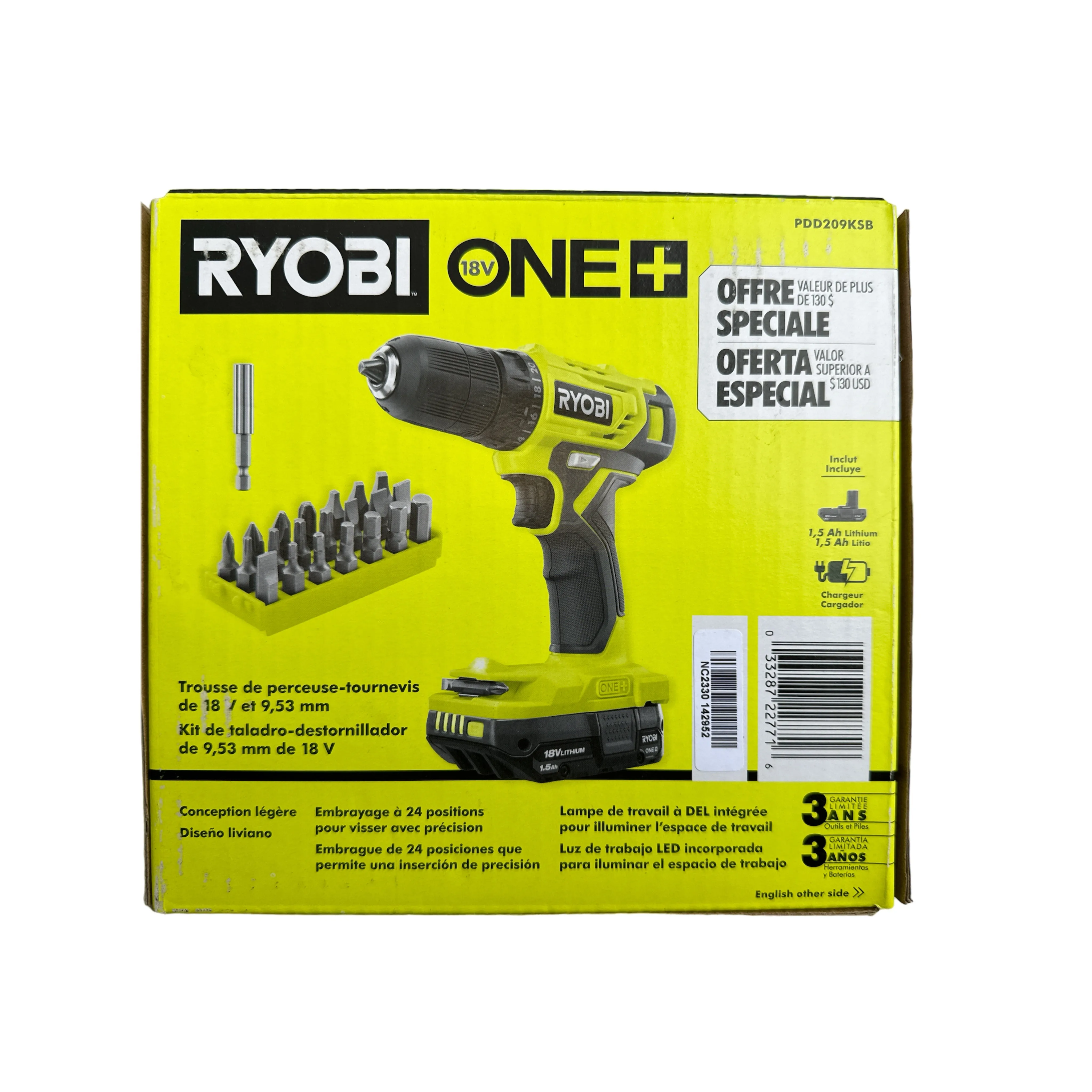 Ryobi PDD209 18-Volt ONE  Cordless 3/8 in. Drill/Driver Kit with 1.5 Ah Battery, Charger, and Accessories