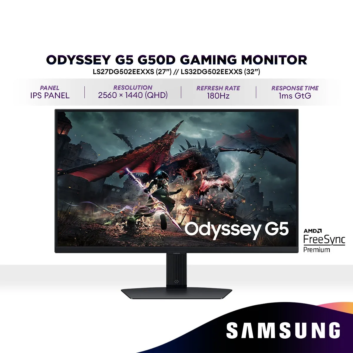 SAMSUNG Odyssey G5 G50D QHD IPS HDR400 Gaming Monitor | 180Hz | AMD FreeSync Premium | LS27DG502EEXXS / LS32DG502EEXXS