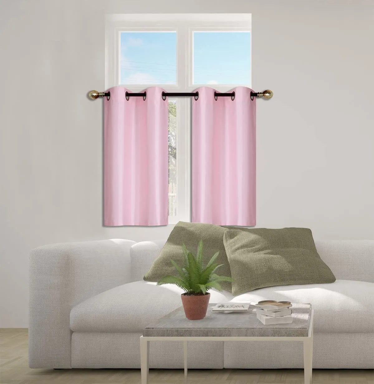 Small Window Short Curtain Faux Silk Semi Sheer Drapes 2 Panels Set