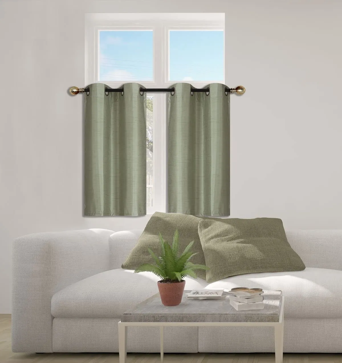 Small Window Short Curtain Faux Silk Semi Sheer Drapes 2 Panels Set