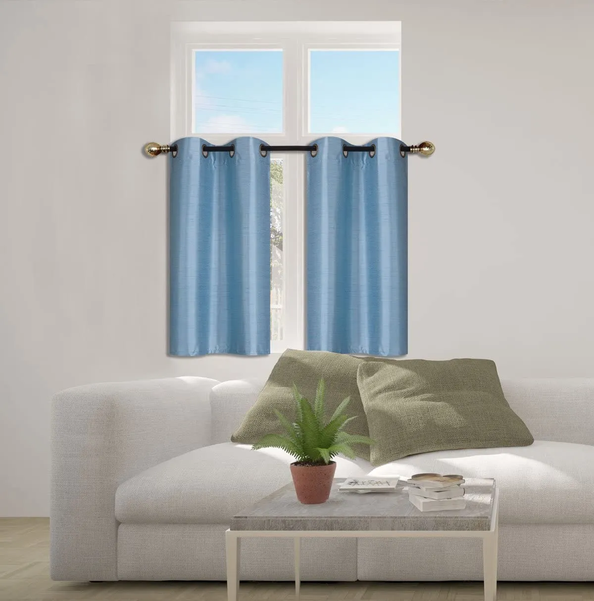 Small Window Short Curtain Faux Silk Semi Sheer Drapes 2 Panels Set