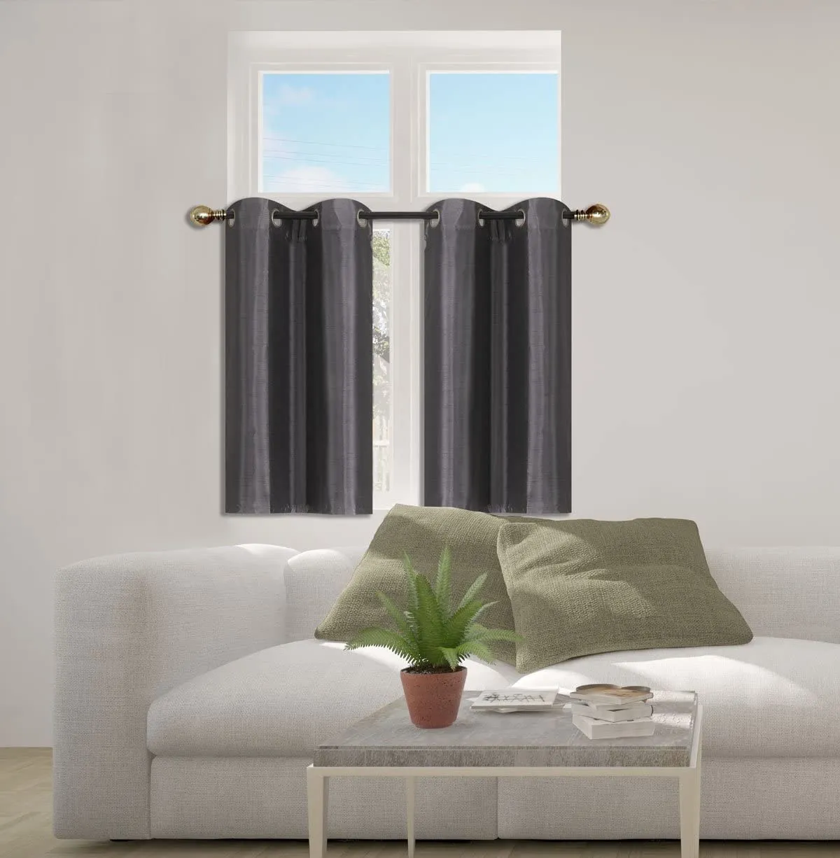 Small Window Short Curtain Faux Silk Semi Sheer Drapes 2 Panels Set