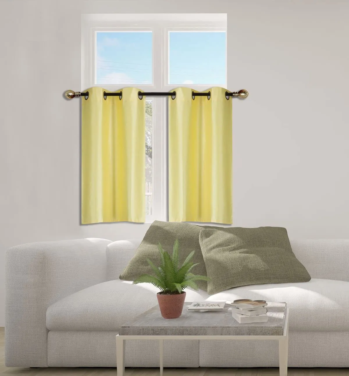 Small Window Short Curtain Faux Silk Semi Sheer Drapes 2 Panels Set