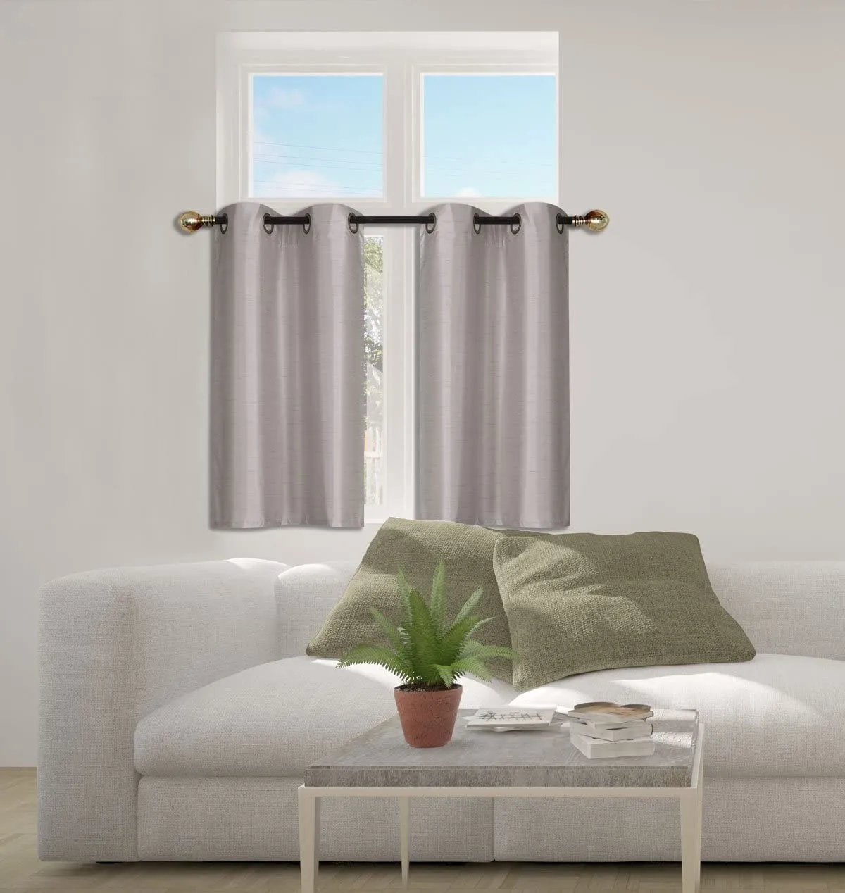 Small Window Short Curtain Faux Silk Semi Sheer Drapes 2 Panels Set