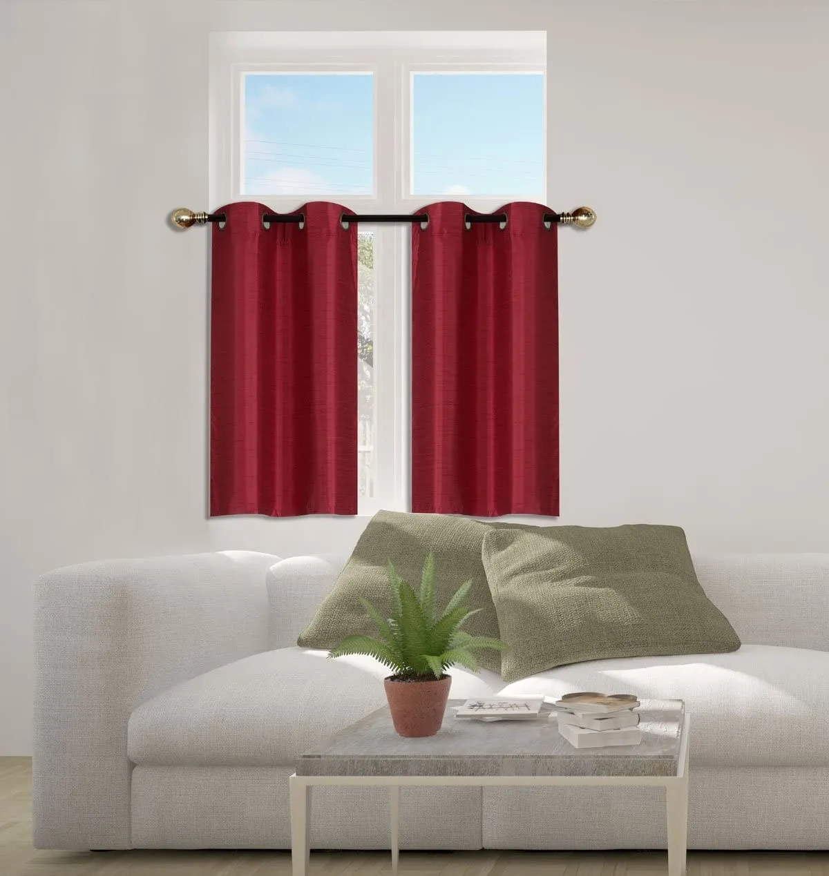 Small Window Short Curtain Faux Silk Semi Sheer Drapes 2 Panels Set