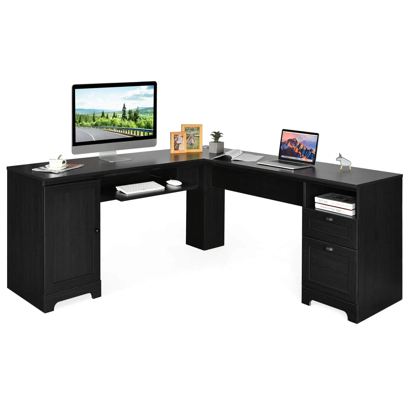 Tangkula L-Shaped Desk, 66" x 66" Corner Computer Desk with Drawers and Storage Cabinet