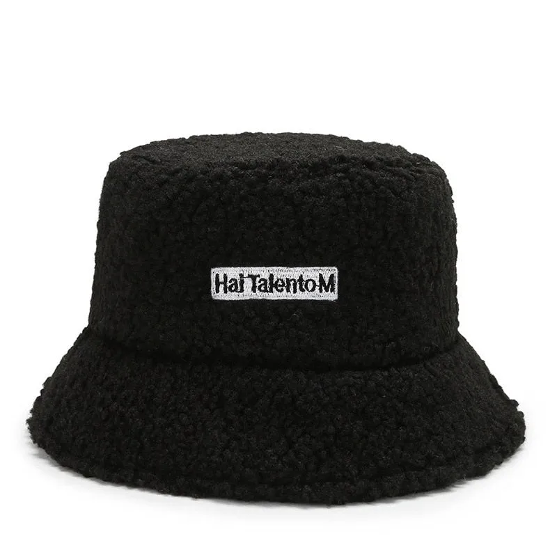 Unisex Harajuku Bucket Hat Graffiti Letter Women Men Fishing Fisherman Hat Autumn Winter Lamb Wool Outdoor Warm Panama Cap