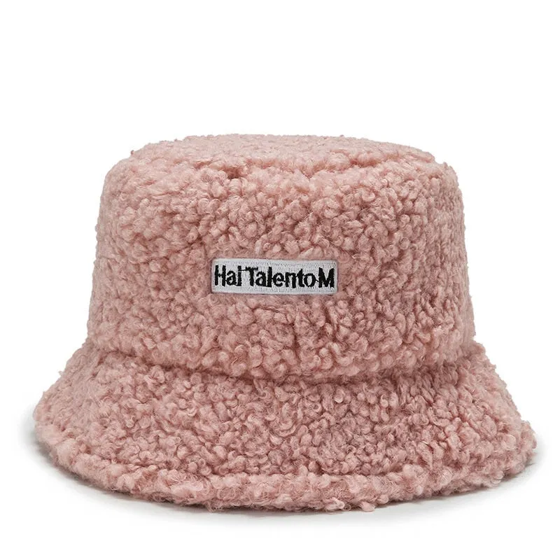 Unisex Harajuku Bucket Hat Graffiti Letter Women Men Fishing Fisherman Hat Autumn Winter Lamb Wool Outdoor Warm Panama Cap