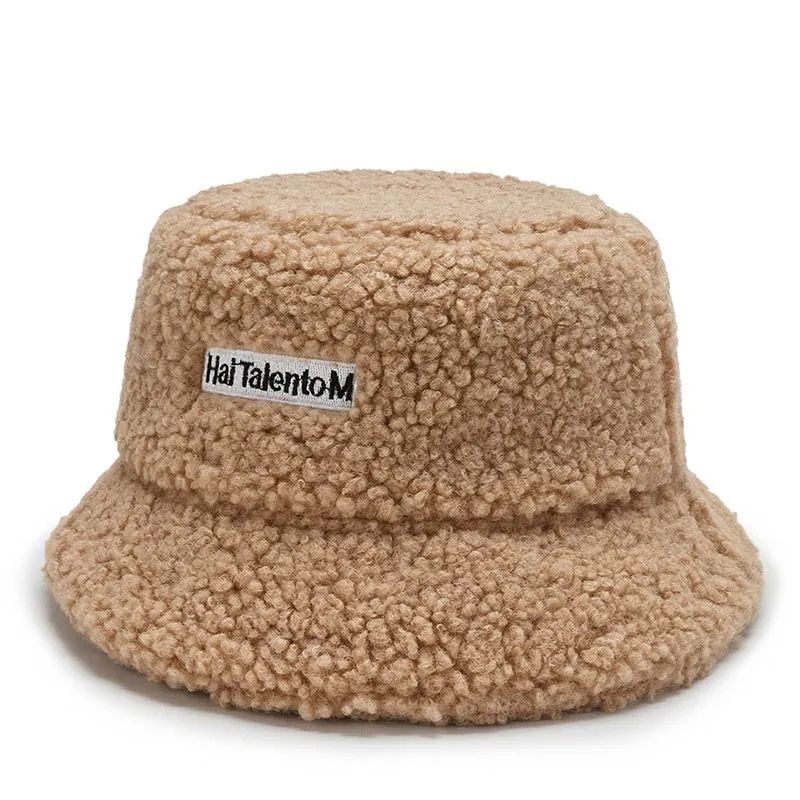 Unisex Harajuku Bucket Hat Graffiti Letter Women Men Fishing Fisherman Hat Autumn Winter Lamb Wool Outdoor Warm Panama Cap